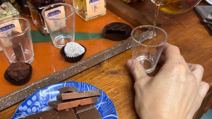 Tasting of typical Sardinian herb-flavoured liqueurs at a company in Laconi combined with various types of spiced chocolate