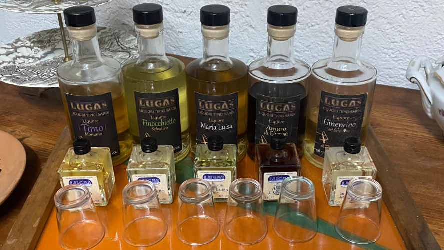 Typical Sardinian liqueurs made on a farm in Laconi from herbs such as thyme, helichrysum, myrtle and juniper