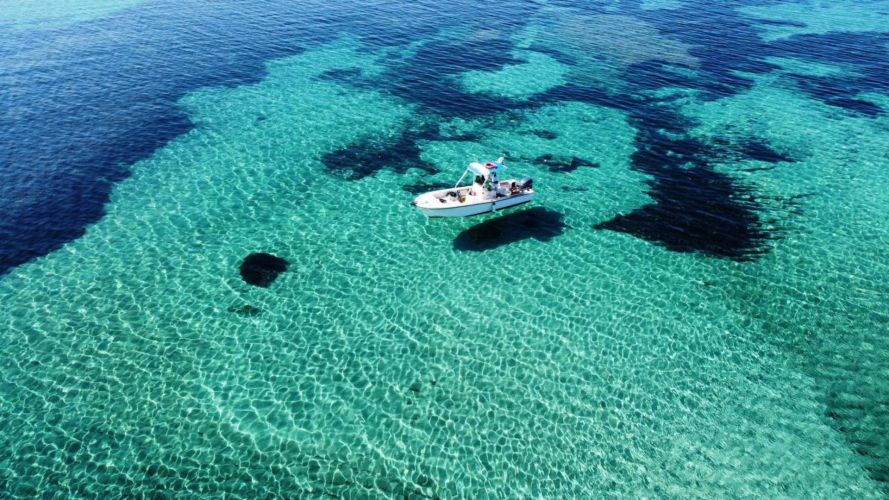 Barco a motor en las aguas cristalinas de Asinara