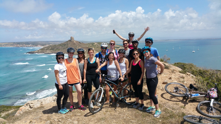 Group of cyclists during the bike tour in the natural oasis of the Sinis Peninsula