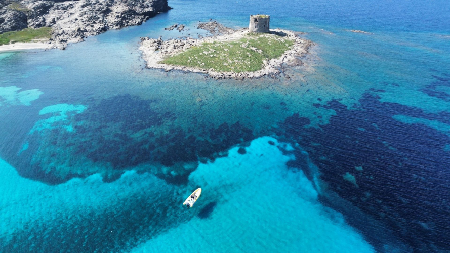 Aerial view of the Pelosa tower in Stintino