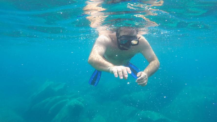 Junge Schnorchler im kristallklaren Wasser des Porto Conte Parks