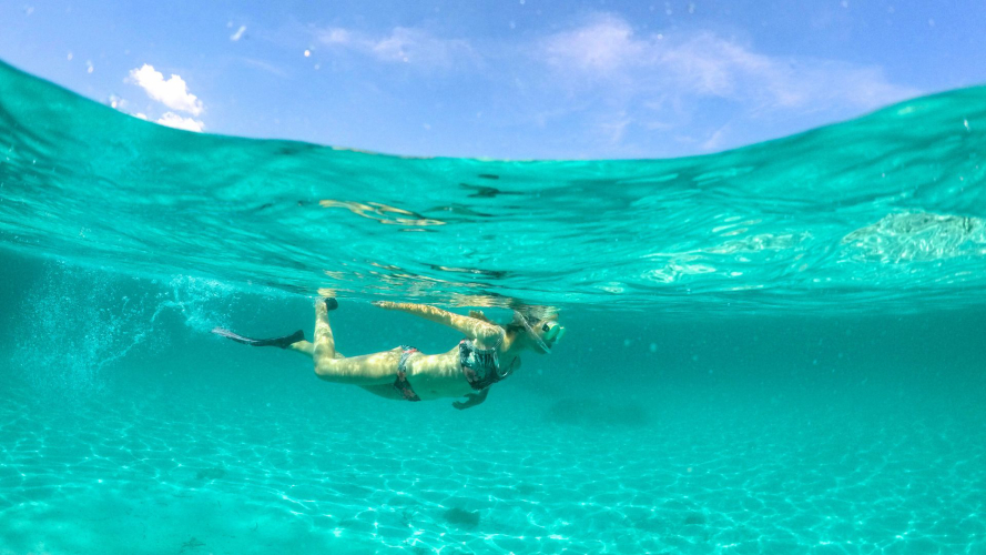 Tourist snorkelling in Capriccioli's crystal-clear sea during dinghy tour