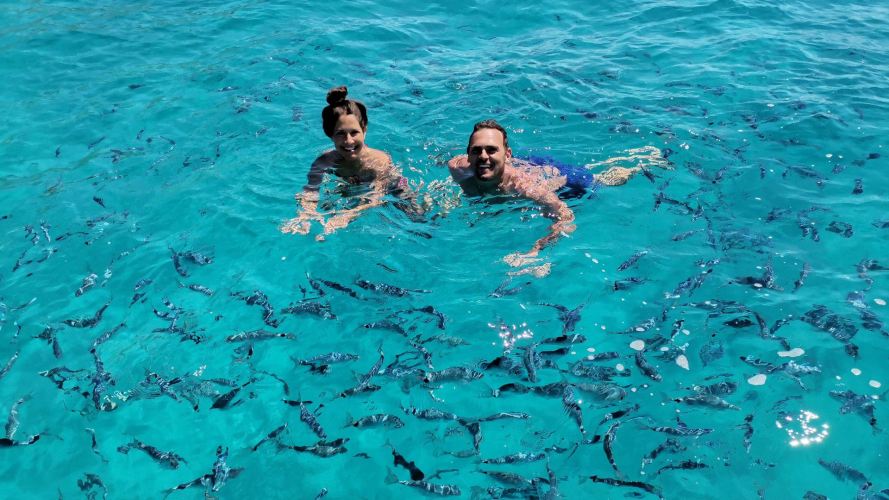 Persone nuotano felici nel mare cristallino della Costa Smeralda