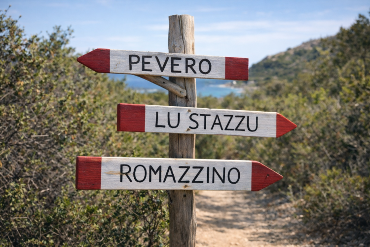 Cartello con indicazioni per Pevero, Lu Stazzu e Romazzino su un sentiero costiero.
