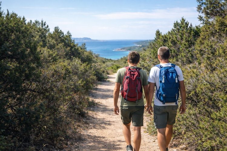 Escursionisti camminano su un sentiero costiero tra spiagge e scogliere nel golfo del Pevero
