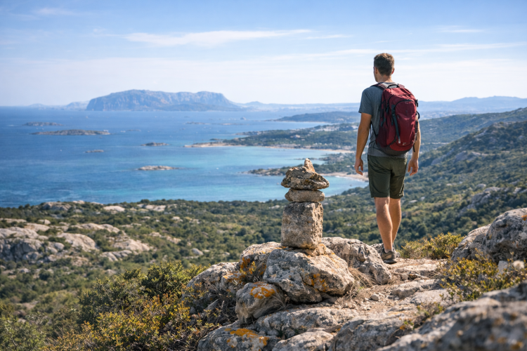 Escursionista osserva il mare da una collina di Monte Zoppu con vista sulla Costa Smeralda