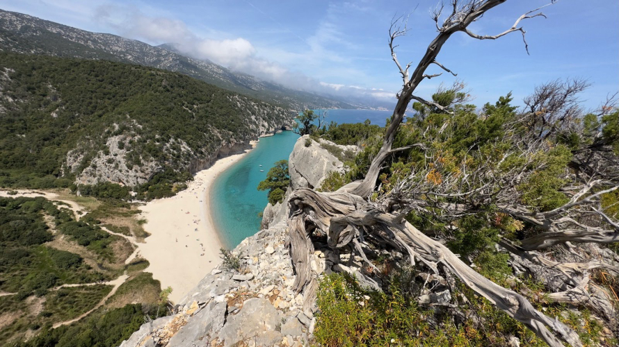 Vista panoramica di un trekking nel Golfo di Orosei, con un mare turchese e una spiaggia di sabbia chiara