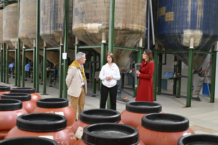 Trois personnes dans un moulin à huile écoutent le guide dans l'une des salles de production