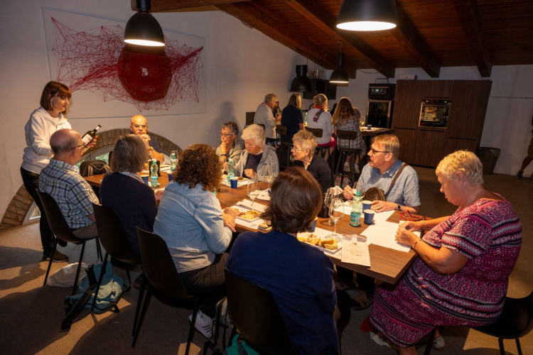 Group of people sitting around a table in a cellar, while a guide explains the qualities of the wine