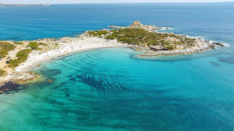 Immagine di una spiaggia con acqua cristallina e vegetazione verde, tipica del mar Meditteraneo