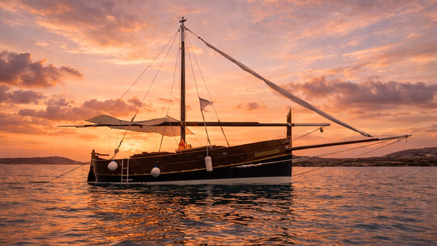 Barca a vela ormeggiata al tramonto con vista sulla spiaggia di La Pelosa e cielo colorato