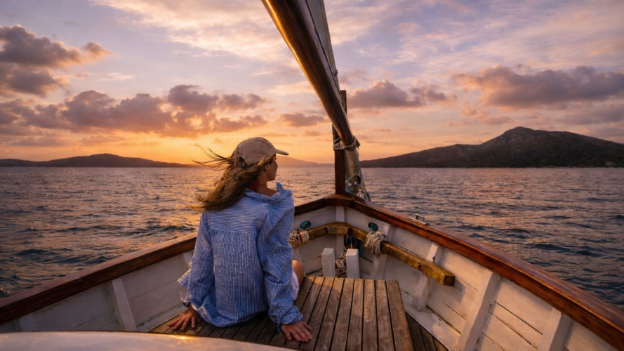 Una donna seduta su una barca a vela con indosso un cappellino, osserva il tramonto sul mare con isole sullo sfondo. Sullo sfondo, una descrizione di un'esperienza di aperitivo al tramonto in barca a vela da Stintino a La Pelosa