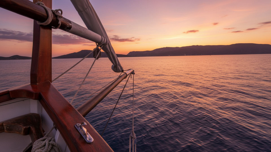 Barca a vela che naviga al tramonto