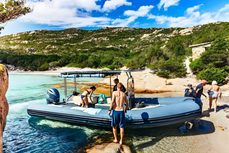 Dinghy in the crystal clear waters of the La Maddalena archipelago