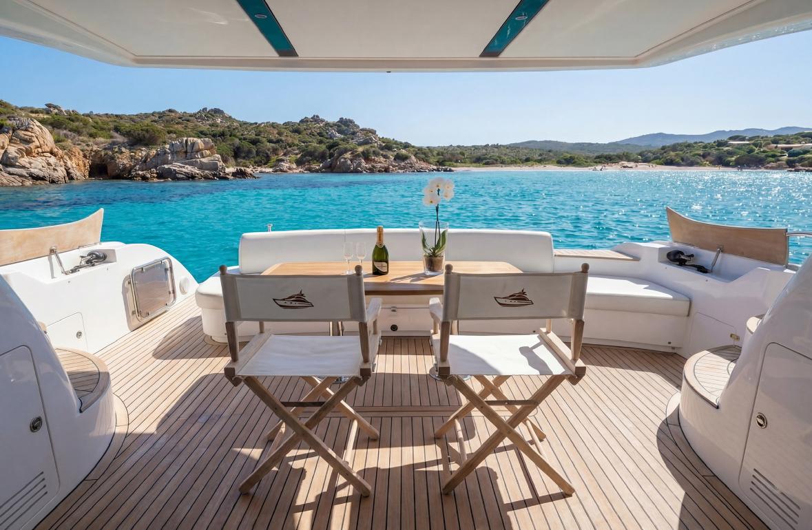 Yacht mit Tisch und Gläsern an Deck, Meerblick und atemberaubender Aussicht.