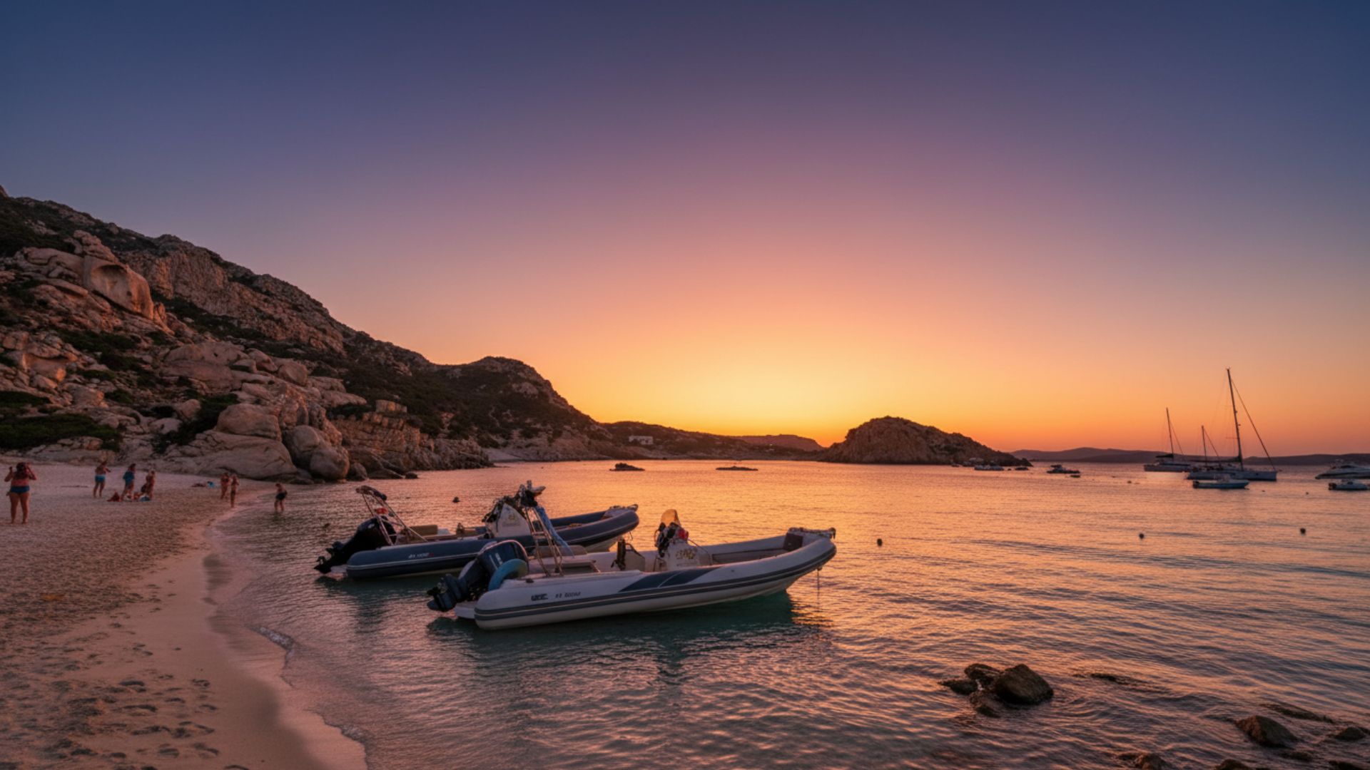 Immagine di un tramonto con un gommone ormeggiato sulla spiaggia e alcune persone sulla sabbia. Nel mare si vedono altre imbarcazioni e scogli. Il cielo è colorato dalle sfumature del tramonto.
