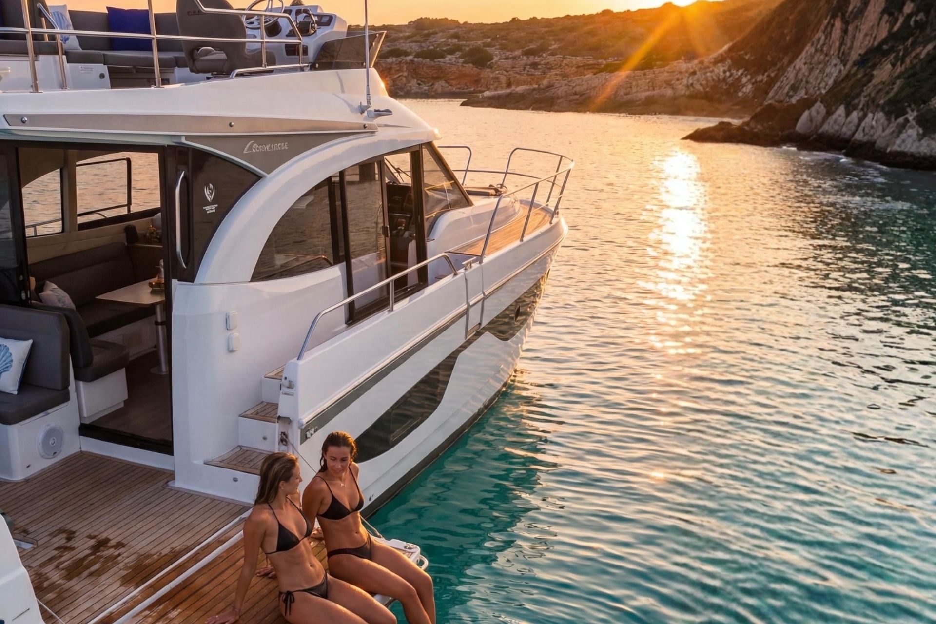 Zwei Frauen in Bikinis sitzen an Bord einer privaten Yacht, die auf kristallklarem Wasser segelt. Die flexible Reiseroute ermöglicht es Ihnen, geheime Bäche und abgelegene Buchten zu erkunden.
