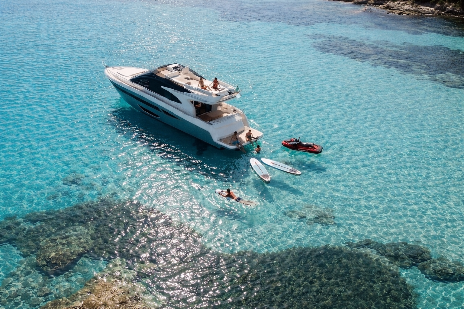 Gäste an Bord einer Luxusyacht an der Costa Smeralda