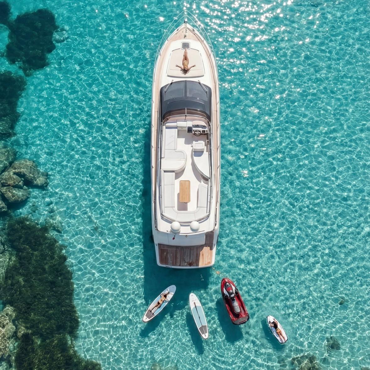 Eine luxuriöse Privatyacht segelt durch kristallklares Wasser, versteckte Buchten und atemberaubende Ausblicke auf Sardinien.