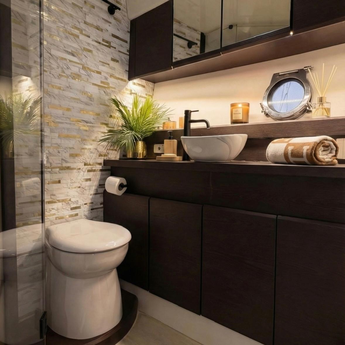 Bild eines Badezimmers mit luxuriösem Dekor und luxuriösen Accessoires, ideal für eine private Tour auf Luxusyachten.
