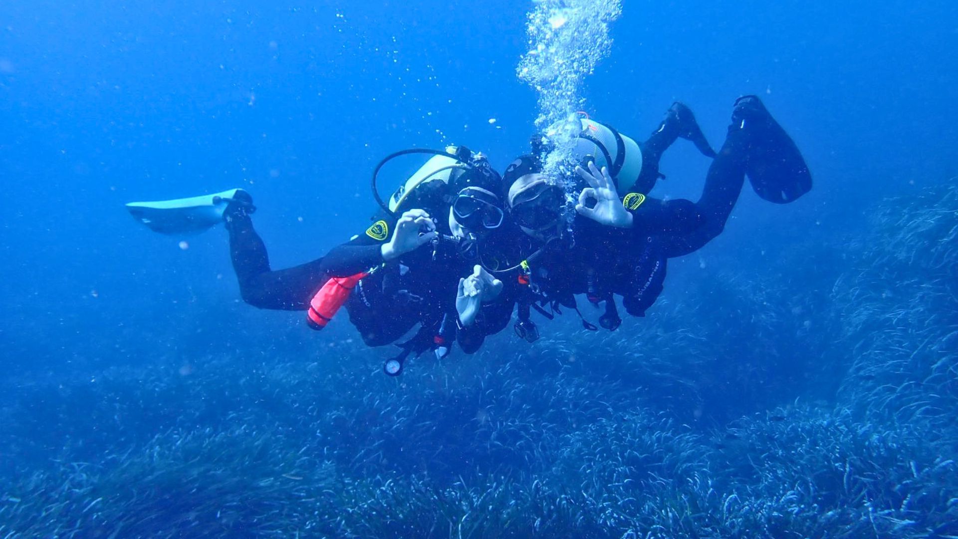 Two people scuba diving with mask and snorkel