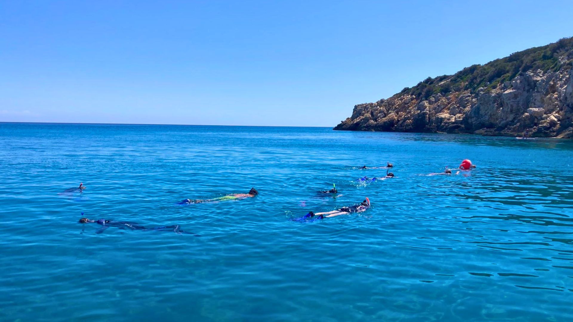 Un grupo de personas bucea en mar abierto con una isla al fondo