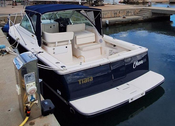 Ein Boot mit Sitzen und blauem Dach, das an einem Pier festgemacht ist