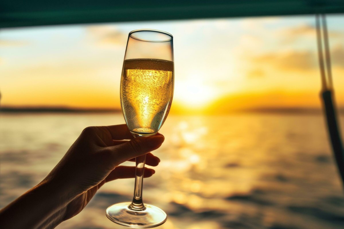 Eine Hand hält ein Glas Champagner mit Blick auf das Meer bei Sonnenuntergang.