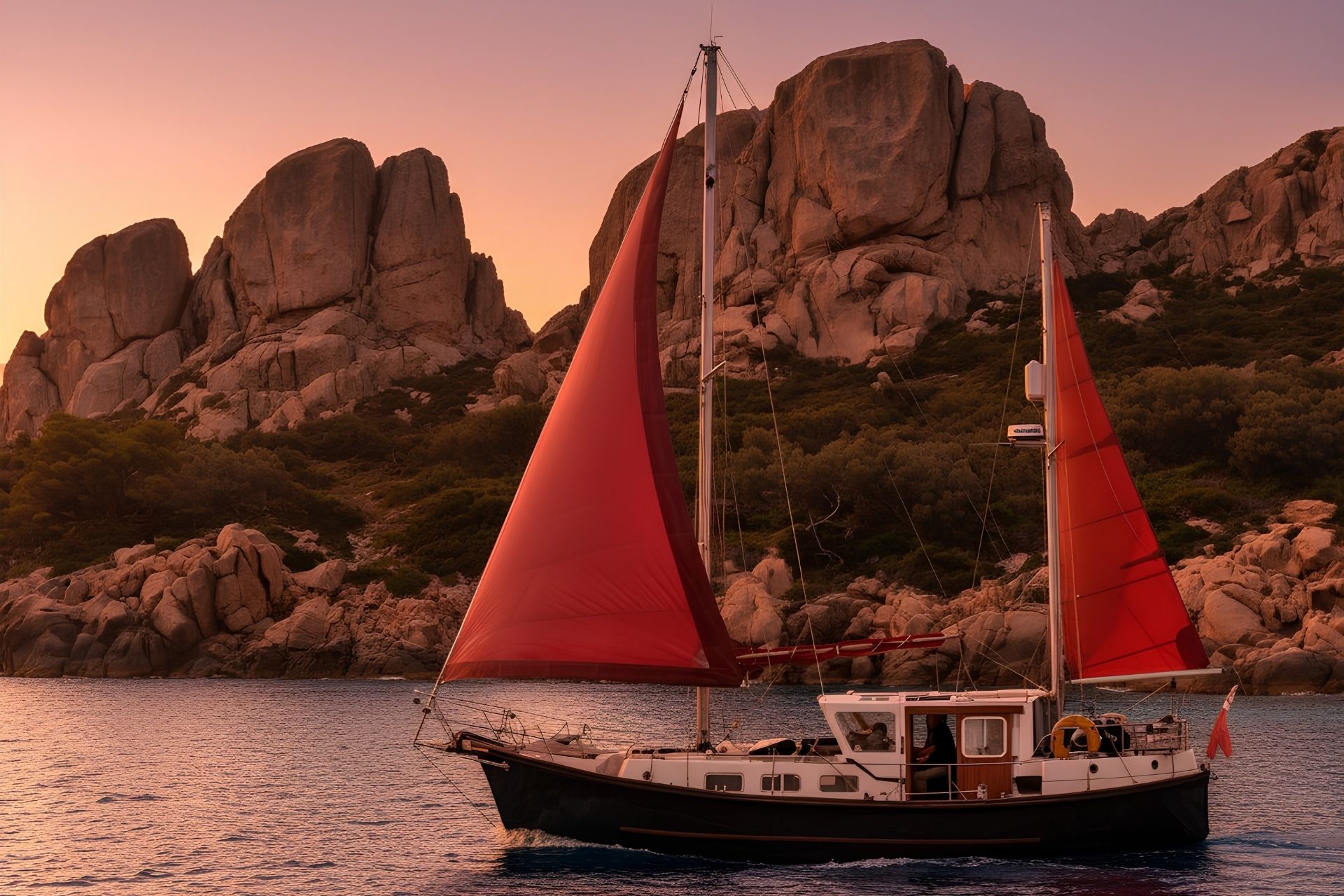 Ein Vintage-Segelboot segelt bei Sonnenuntergang zwischen den Inseln des La Maddalena-Archipels mit Panoramablick auf das kristallklare Meer.