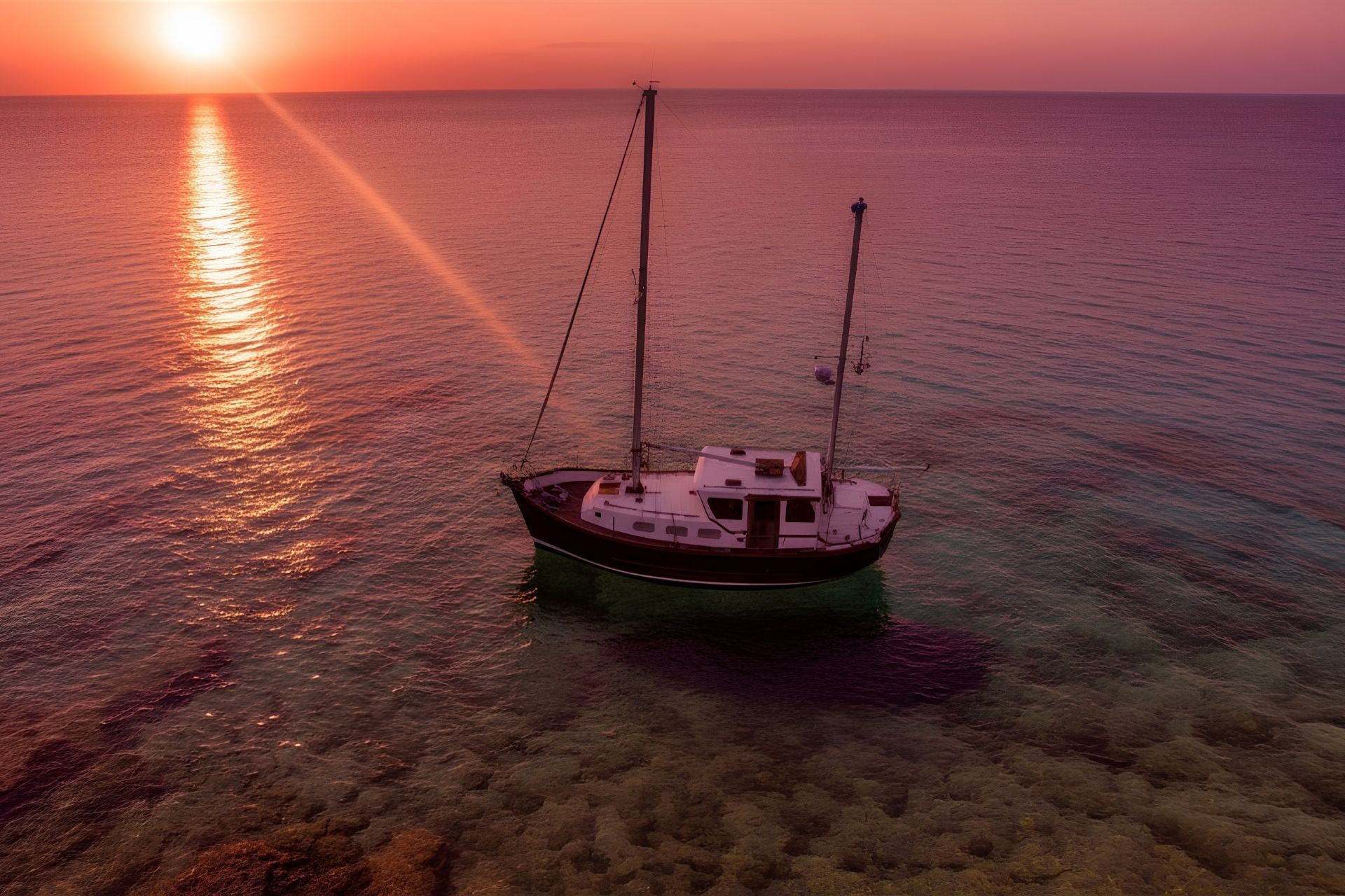Ein Vintage-Segelboot segelt bei Sonnenuntergang zwischen den Inseln des La Maddalena-Archipels mit ruhigem Meer und rosafarbenem und orangefarbenem Himmel.