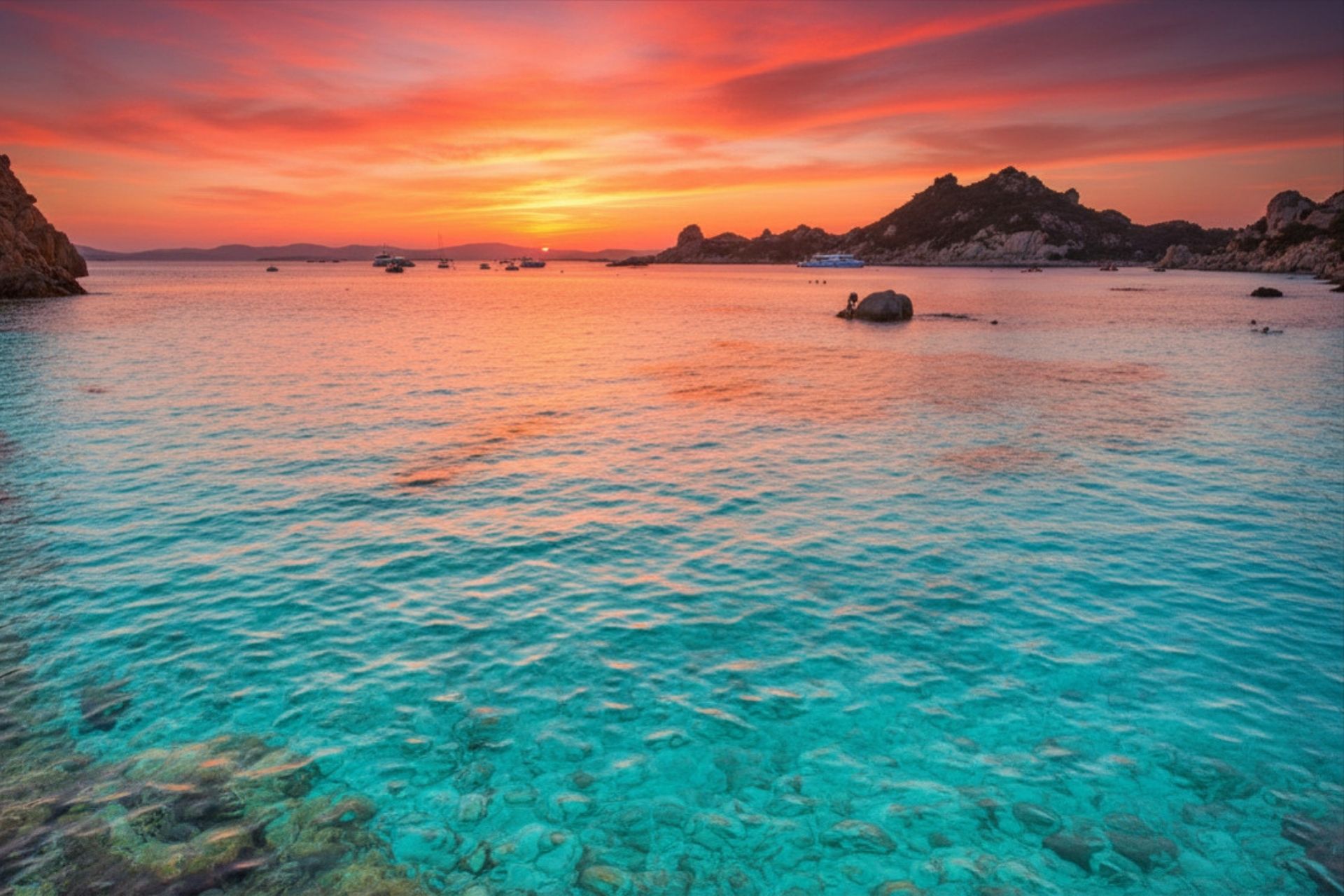 Sonnenuntergang über dem La Maddalena-Archipel mit klarem Meer und rotem Himmel.