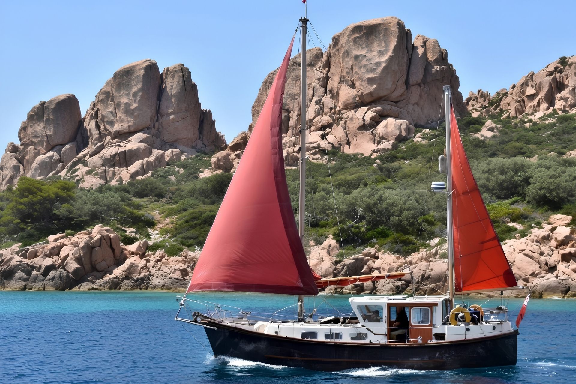 Un voilier d'époque navigue dans un archipel aux eaux cristallines et aux falaises rocheuses.