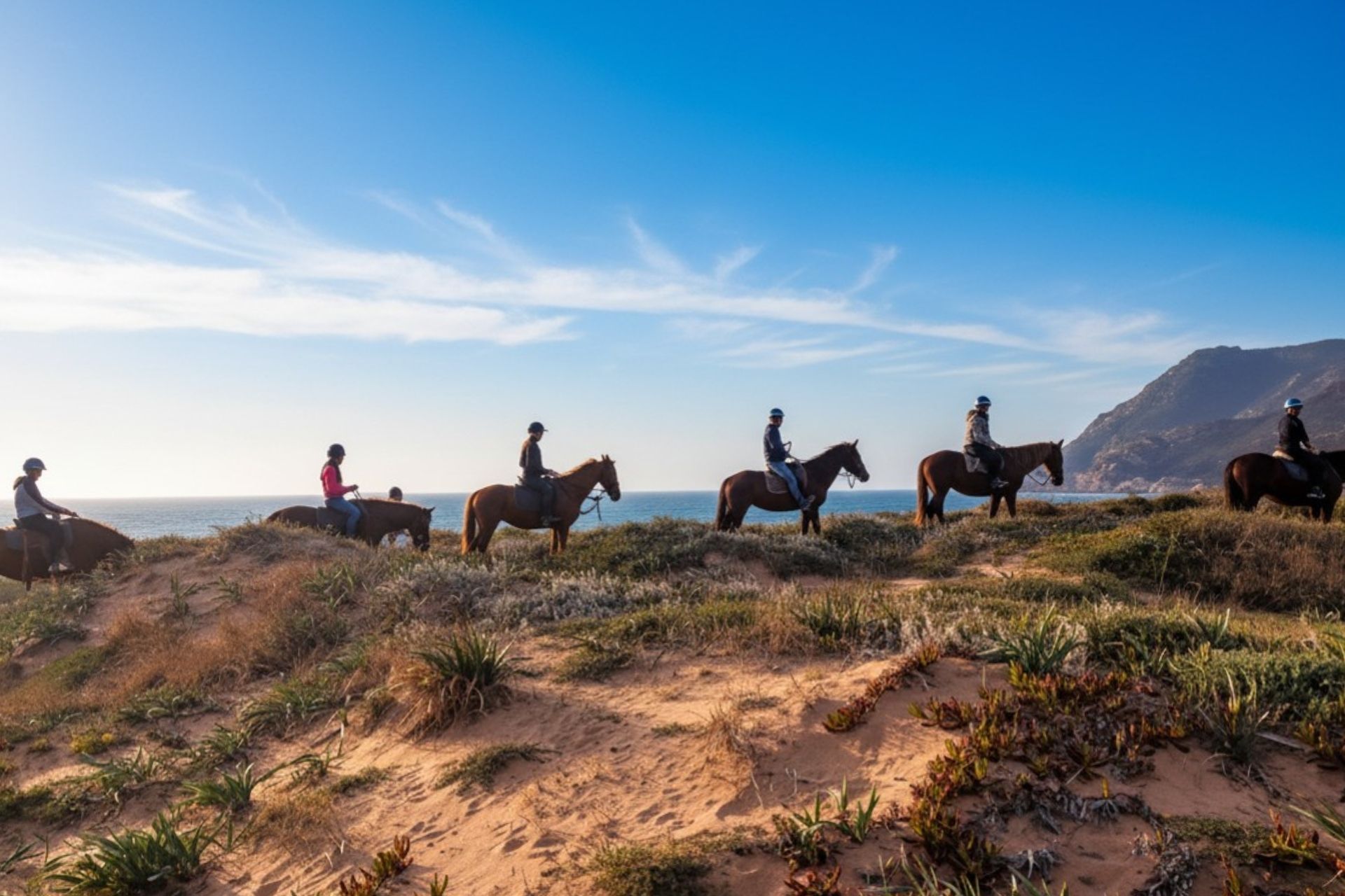 Gruppo di persone a cavallo a Porto Ferro, lungo una costa con mare e cielo azzurro