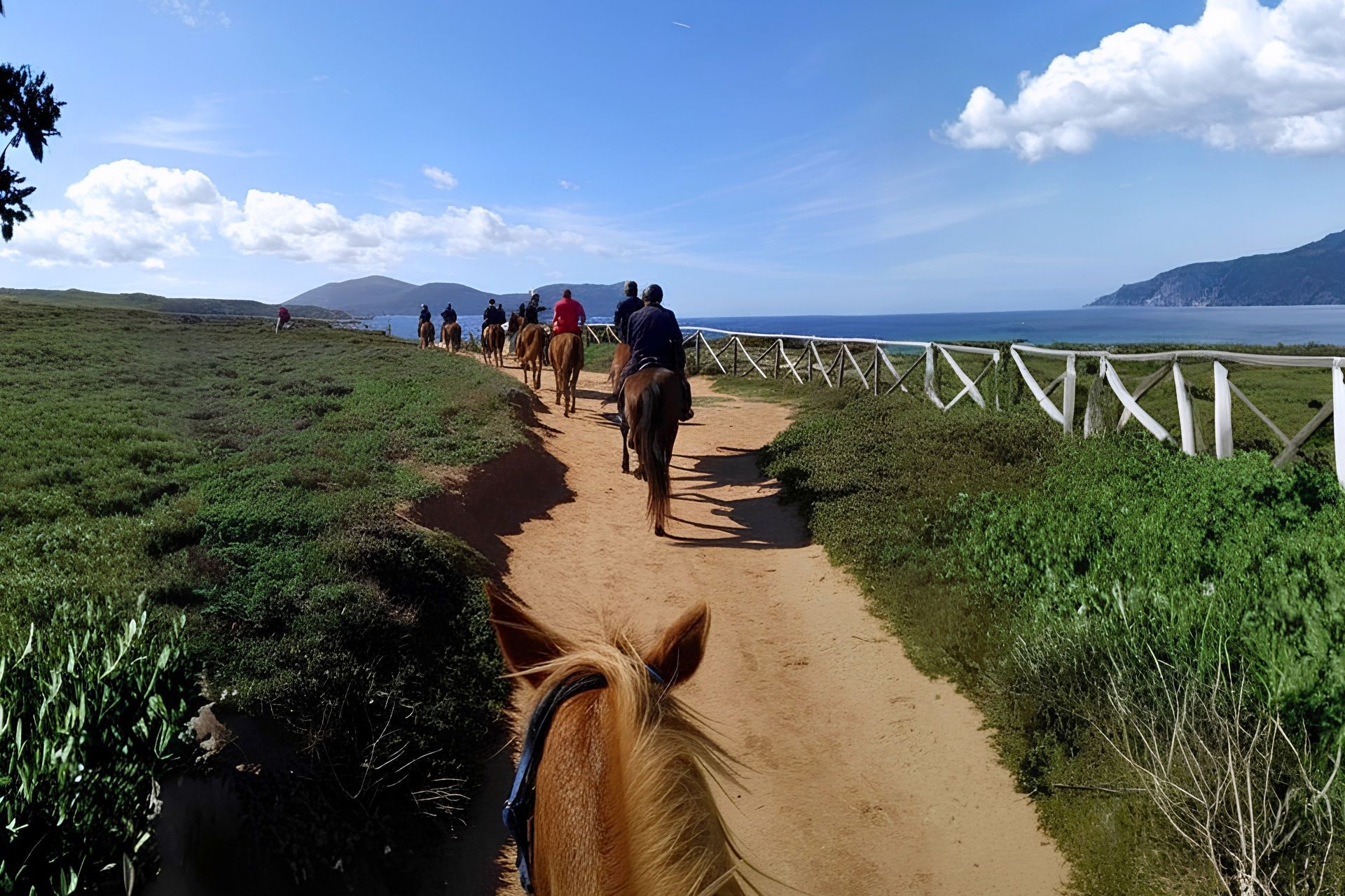 Des personnes expérimentées font de l'équitation le long d'un sentier côtier à Porto Ferro