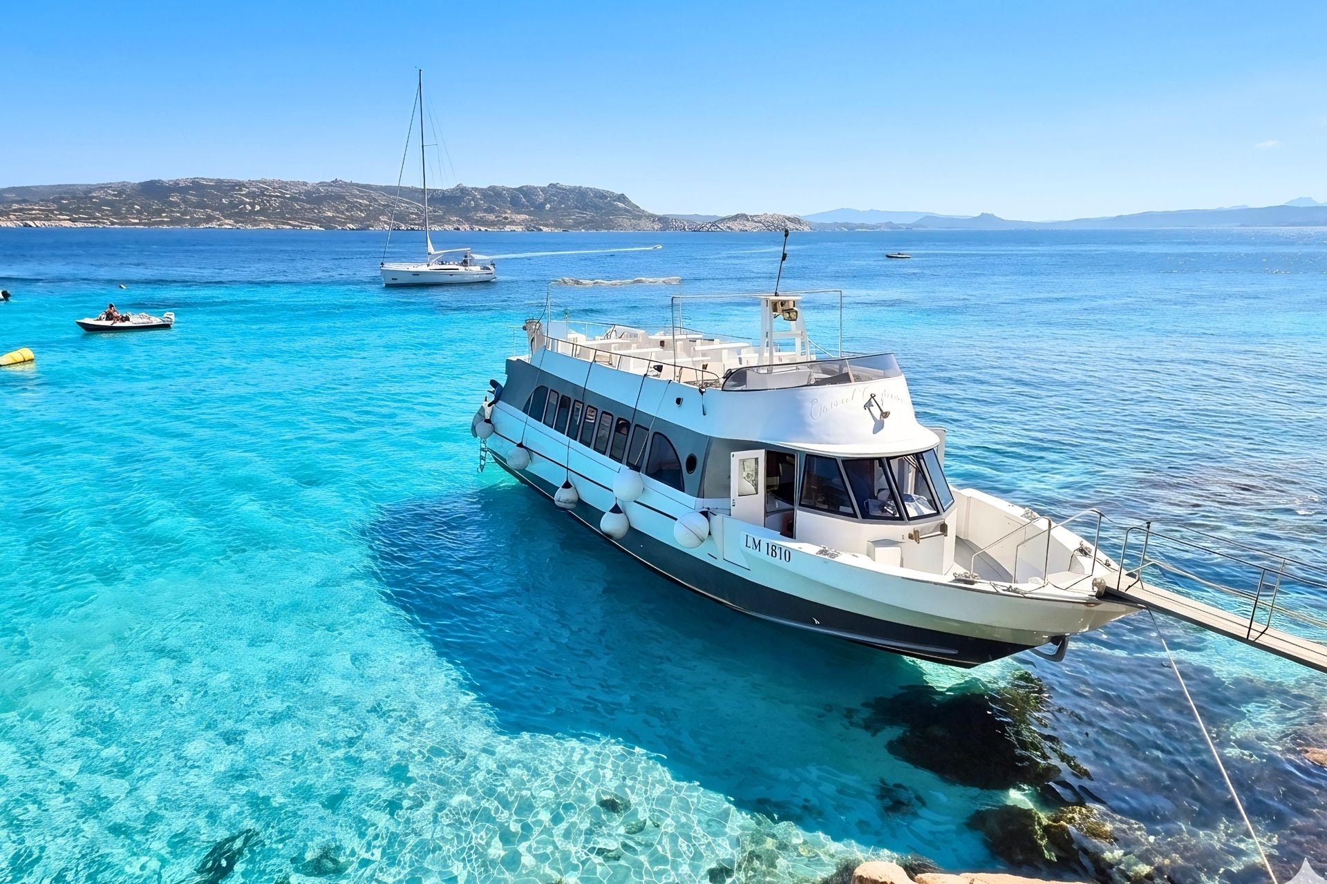 Una motonave ormeggiata in acque turchesi con un paesaggio di isole paradisiache sullo sfondo.