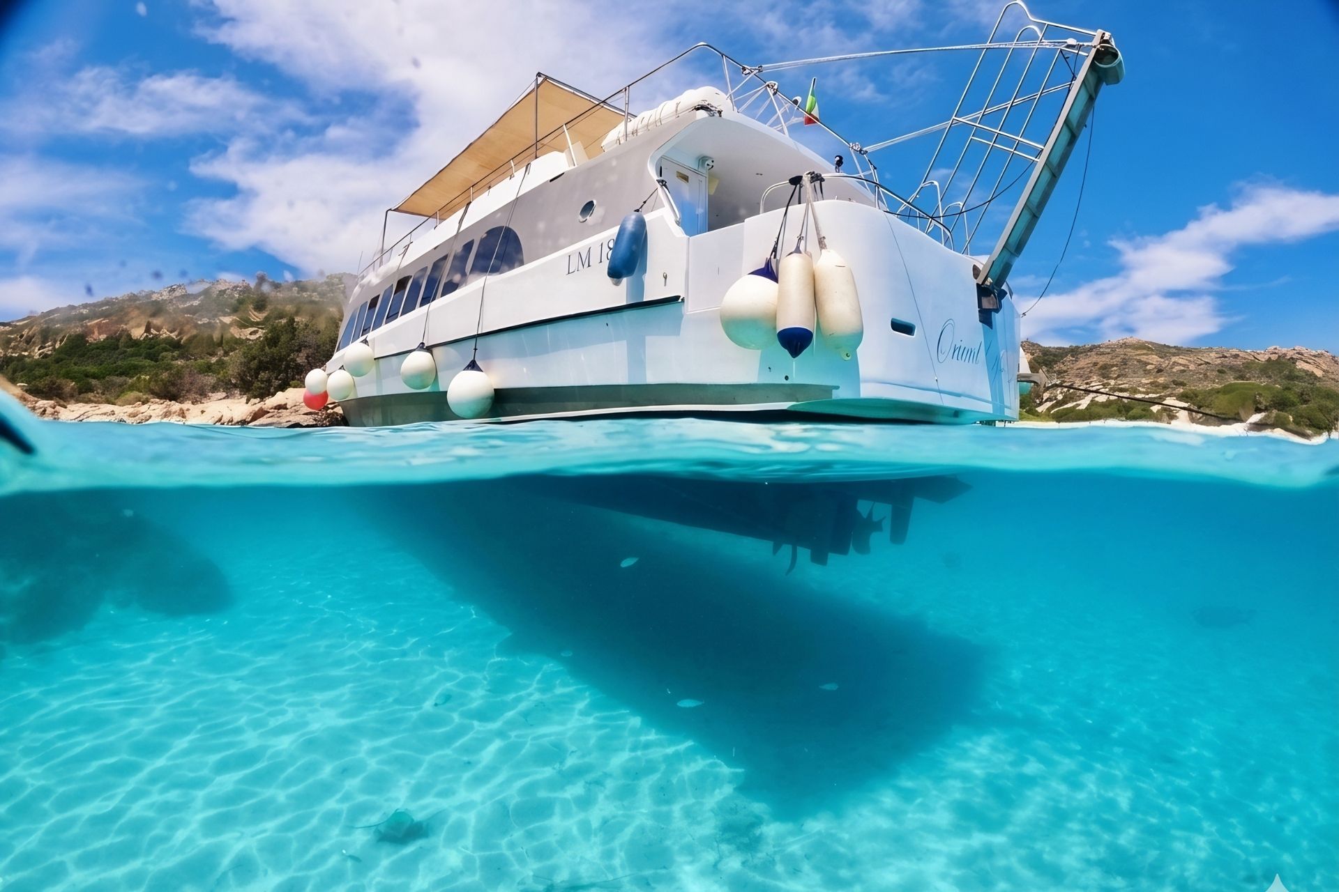 Una motonave naviga in acque turchesi, con isole e spiagge paradisiache sullo sfondo, offrendo un'esperienza di relax e immersione nella natura incontaminata.