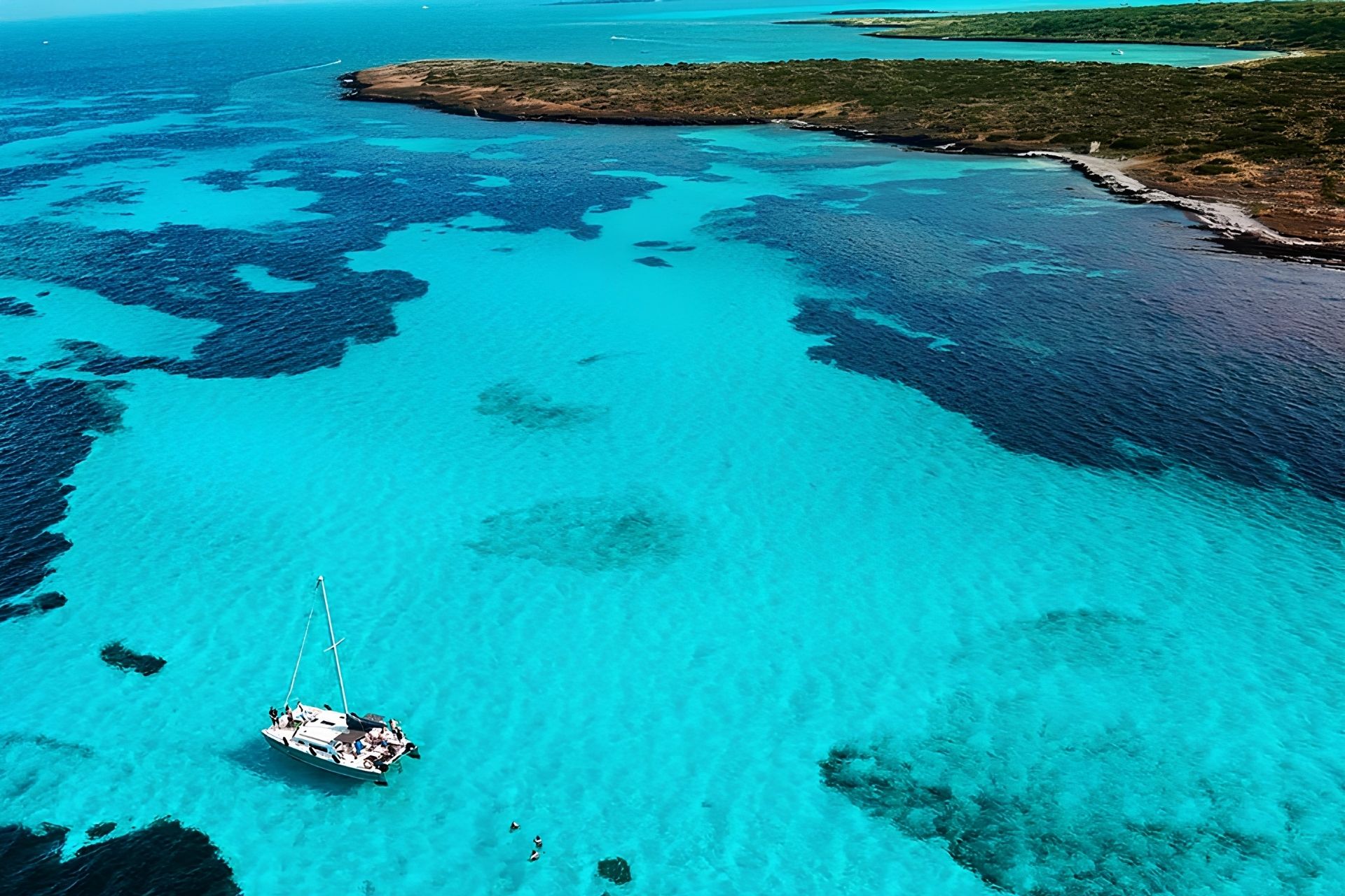 Navegación en catamarán en aguas turquesas y cristalinas, con Asinara al fondo.