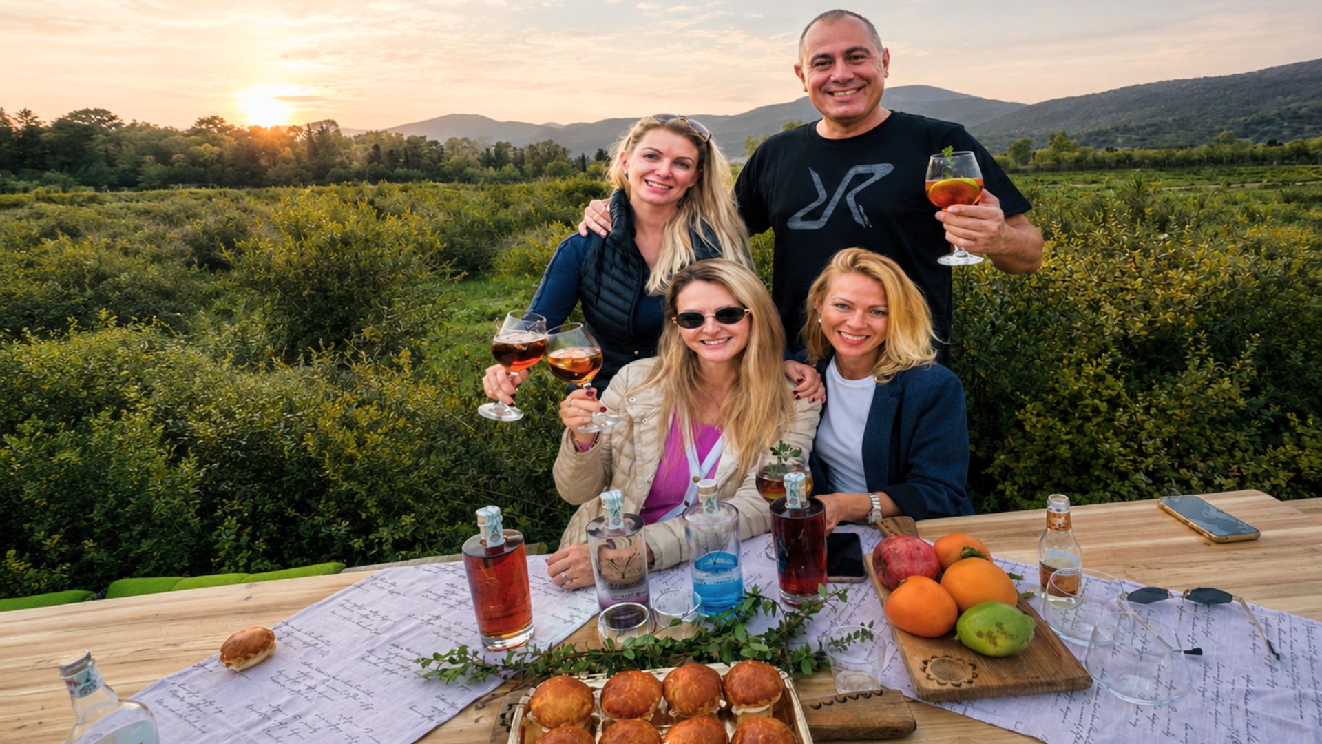 Grupo de personas sentadas alrededor de una mesa al aire libre, con botellas de licor y comida, en un campo verde con montañas de fondo.