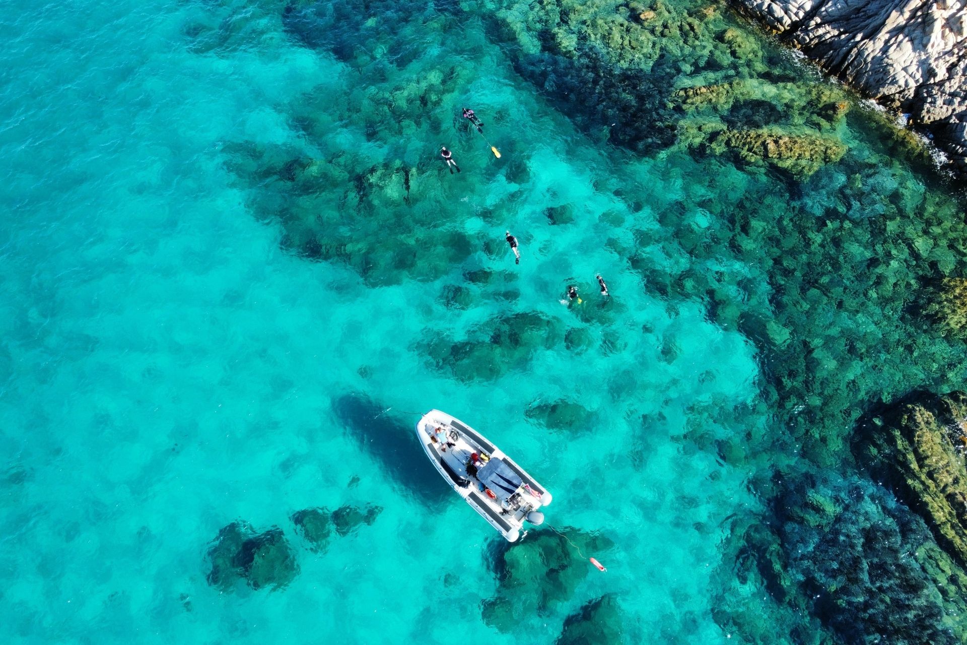 Imagen de personas buceando en aguas cristalinas con peces y rocas submarinas.