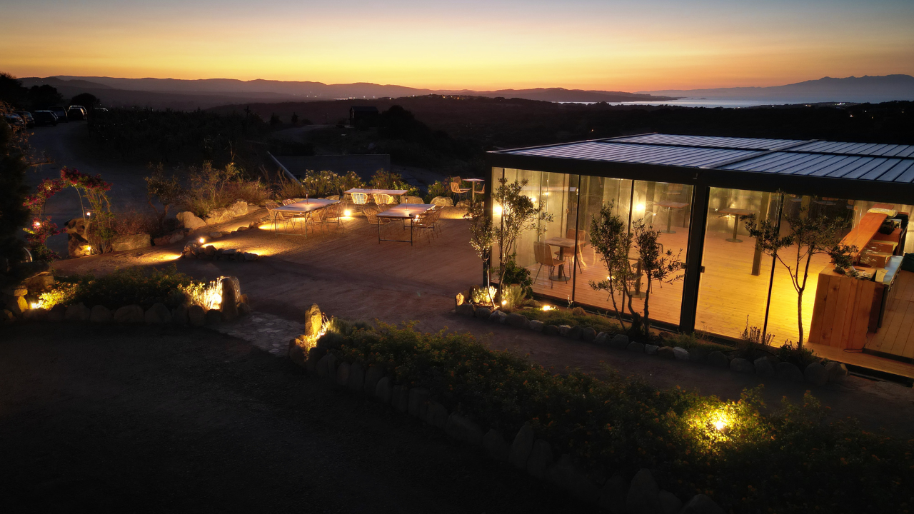 Una barbacoa en un viñedo con DJ en Palau, Cerdeña, ofrece una experiencia agradable con comida, música y vino local bajo las luces del atardecer.
