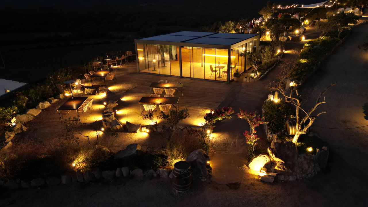 Viñedo con mesas y sillas preparadas para una cena agradable, iluminada por luces y con un set de DJ bajo las estrellas.