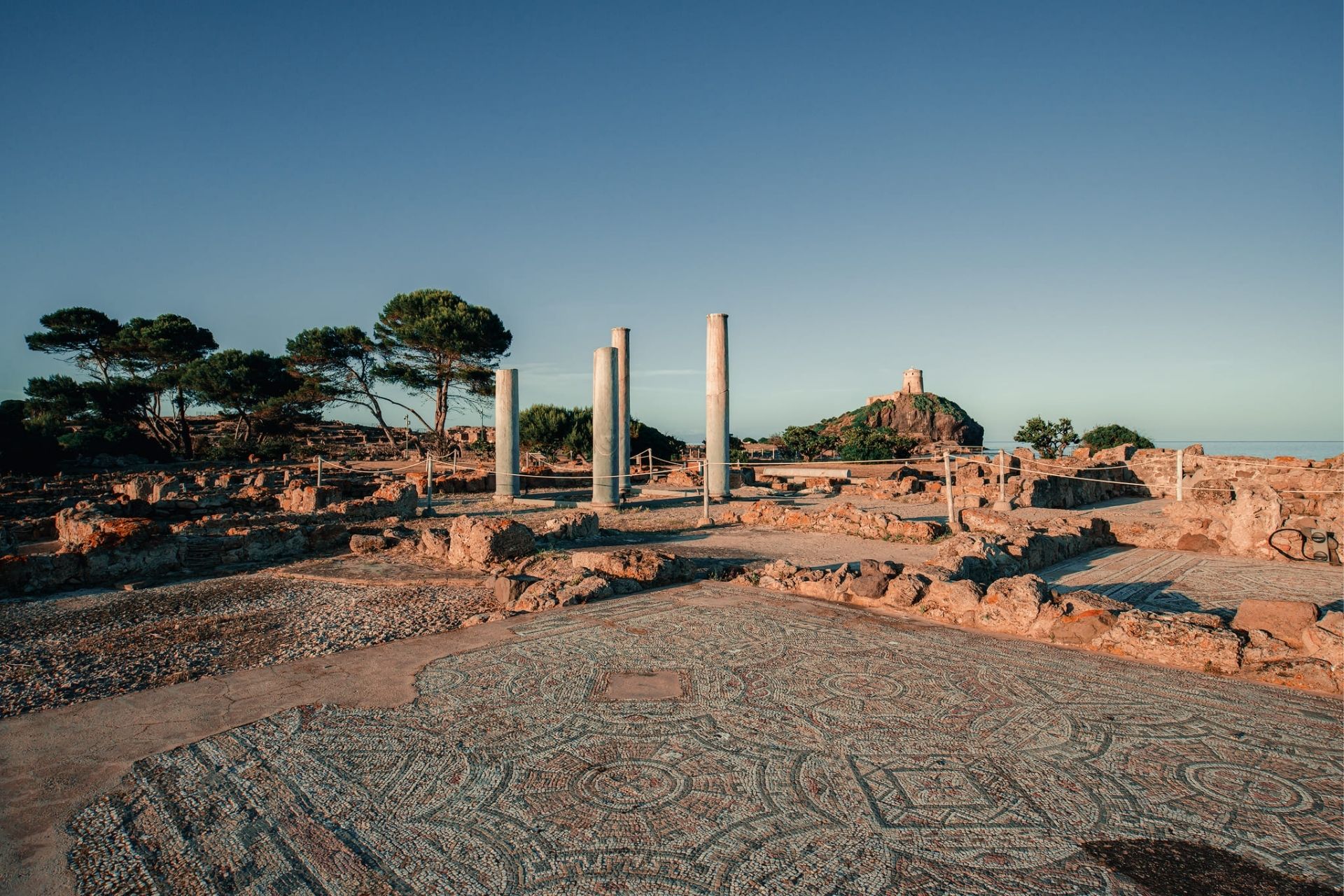Ancient ruins overlooking the sea with a surrounding landscape of vegetation and cliffs.