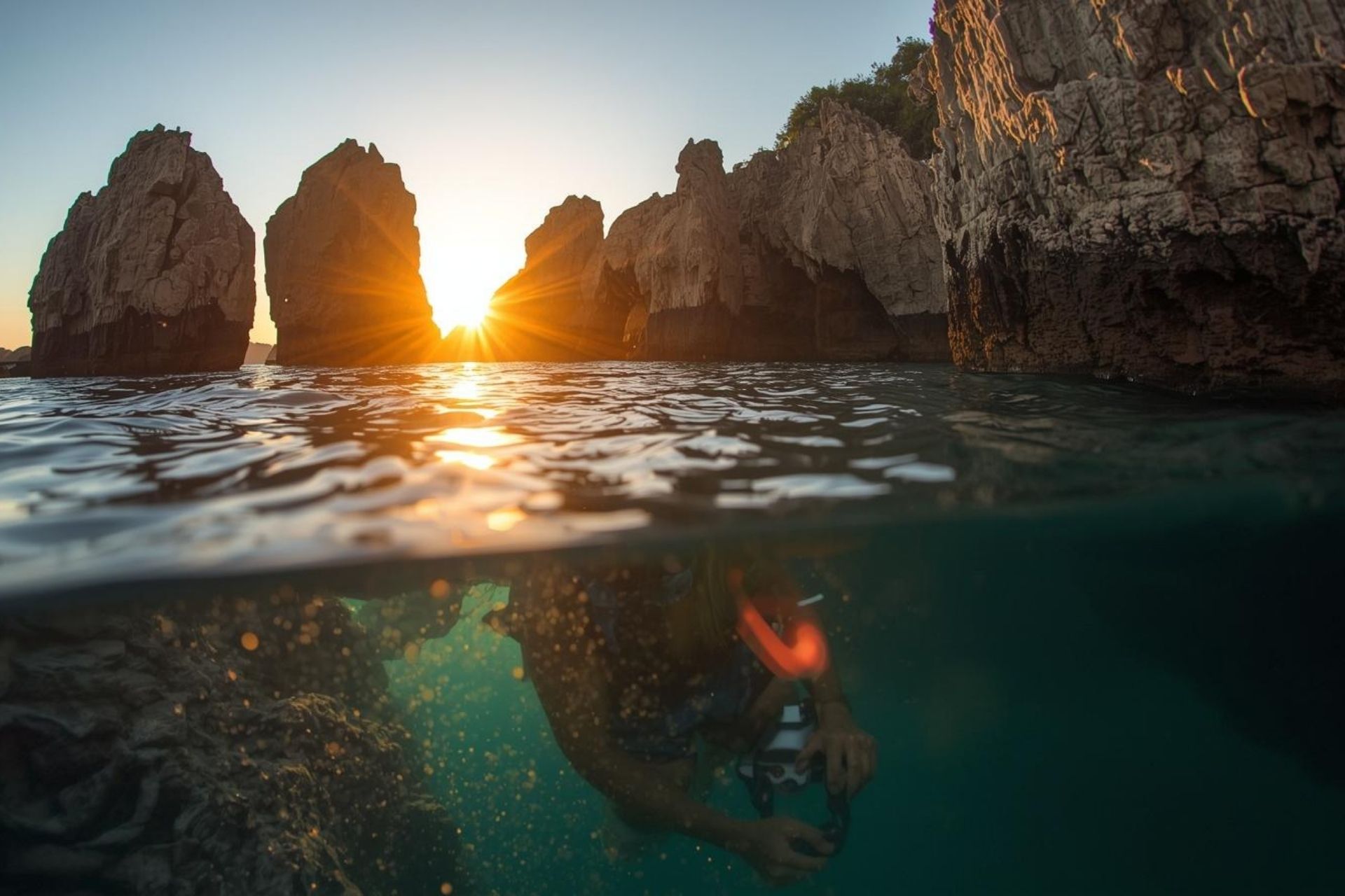 Gruppo di persone che fanno snorkeling in acqua cristallina vicino a scogliere rocciose al tramonto