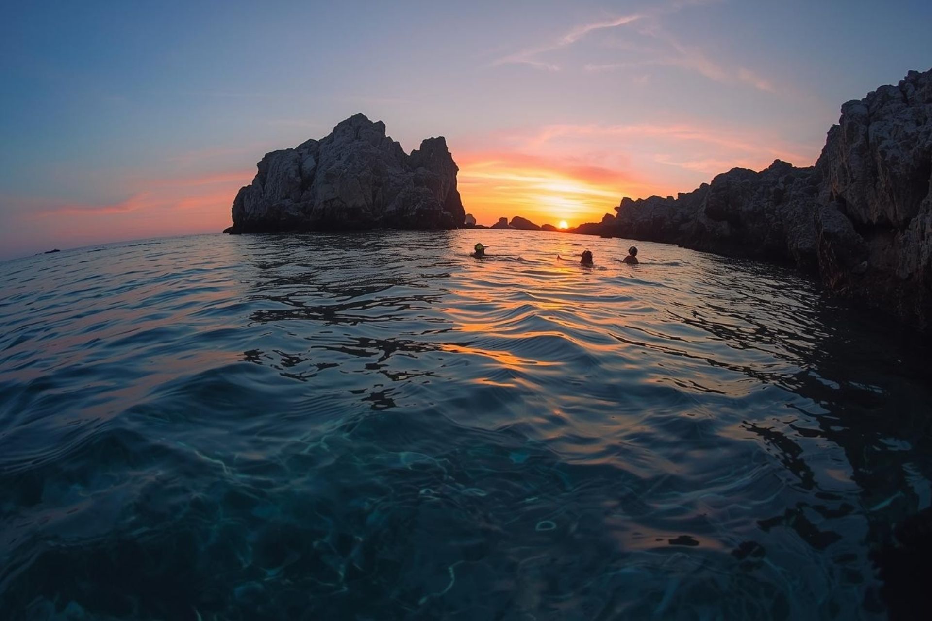 Gruppo di persone che fanno snorkeling in acqua cristallina vicino a scogliere rocciose al tramonto