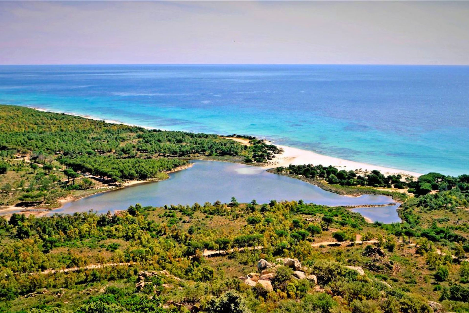 Luftaufnahme eines Strandes mit See und Küste mit kristallklarem Meer und mediterraner Vegetation