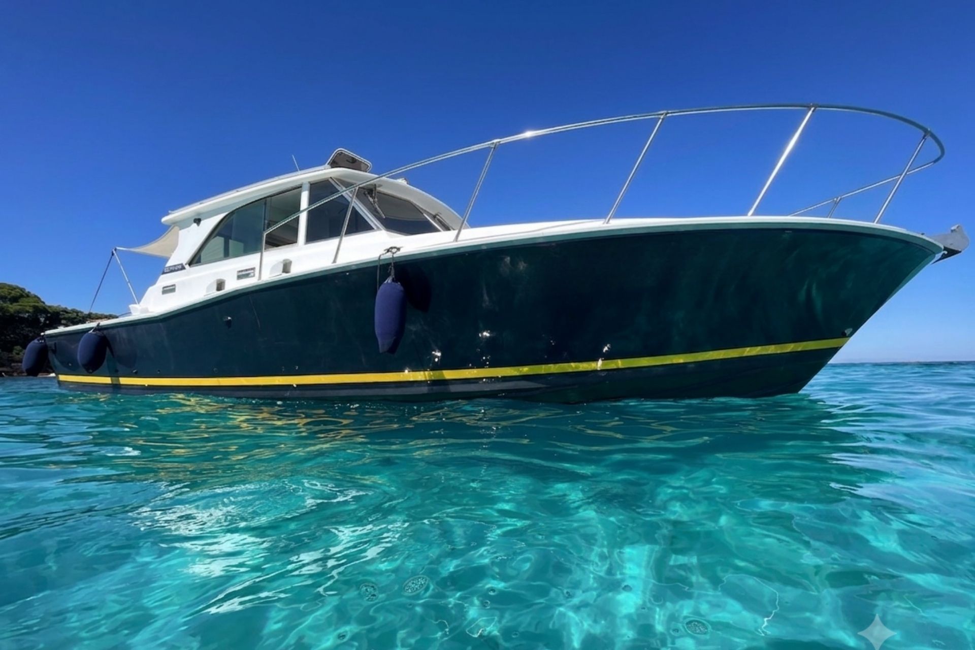 Imagen de un velero con fondo transparente navegando en mar abierto con aguas cristalinas.