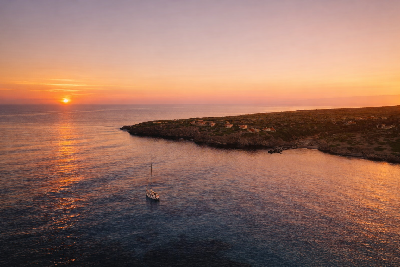 Vista aerea di un'isola con una barca a vela che naviga sul mare al tramonto, con un paesaggio costiero e case sulla terraferma.