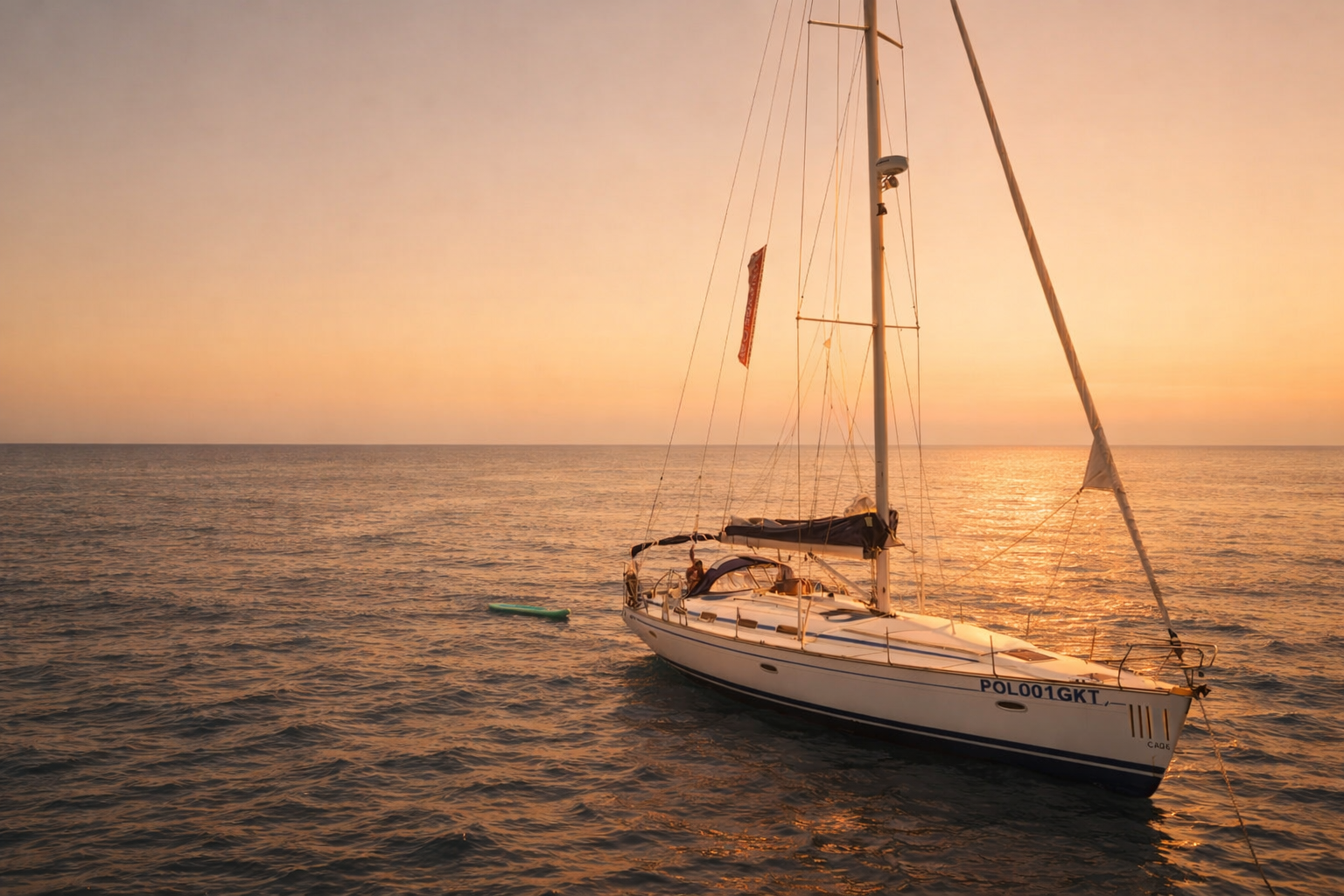 Immagine di una barca a vela ormeggiata al tramonto con un'atmosfera tranquilla e rilassata.