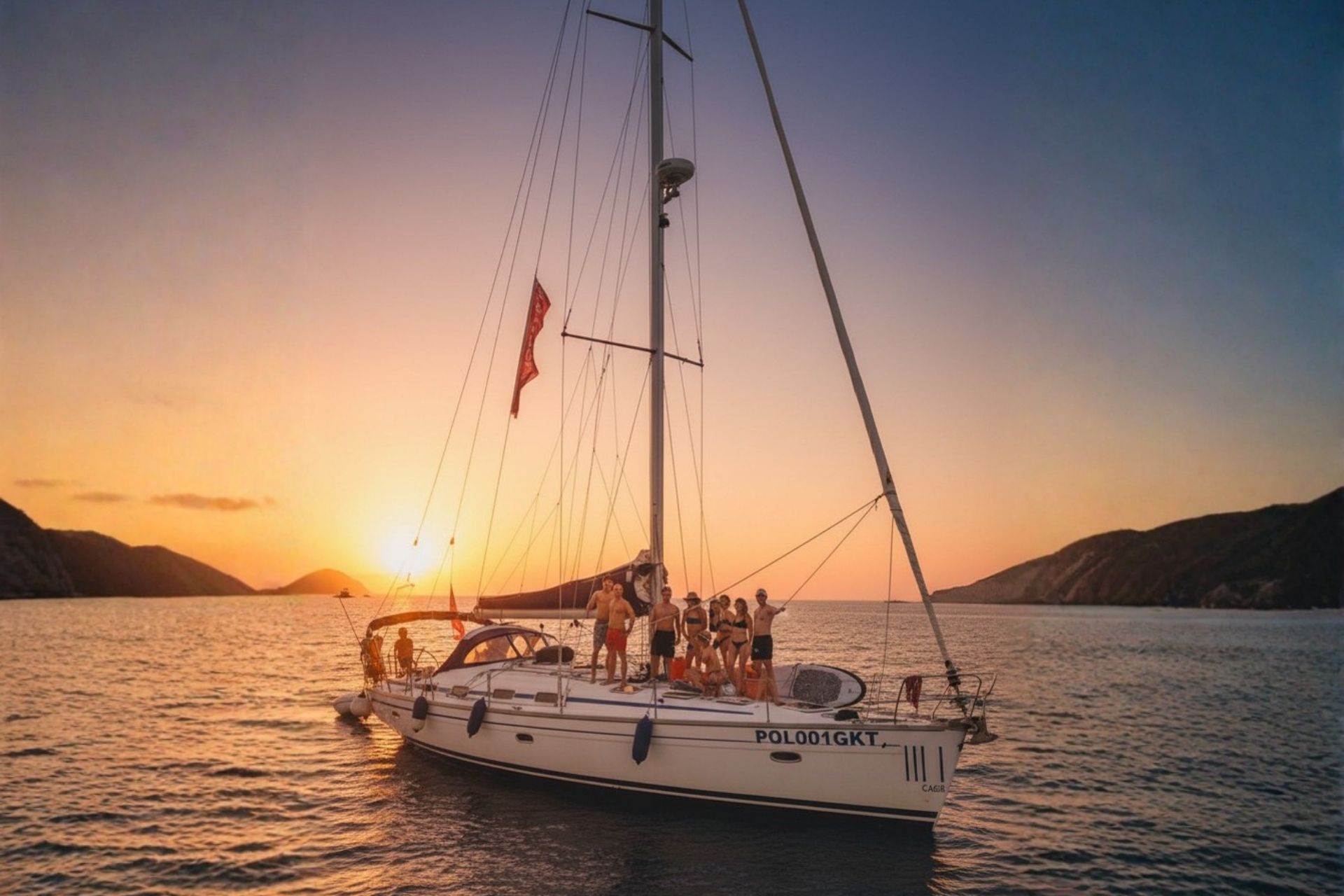 Immagine di un gruppo di persone su una barca a vela al tramonto, con un'isola sullo sfondo e un'atmosfera festosa.